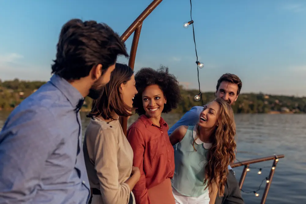 A group of friends at a boat party in Lake Tahoe.